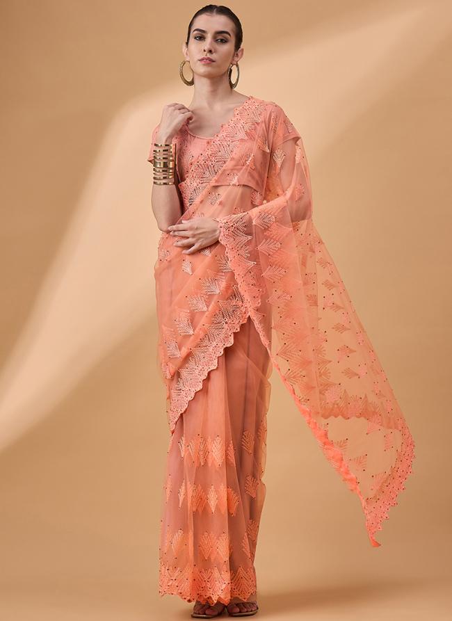 Net Orange Party Wear Floral Saree